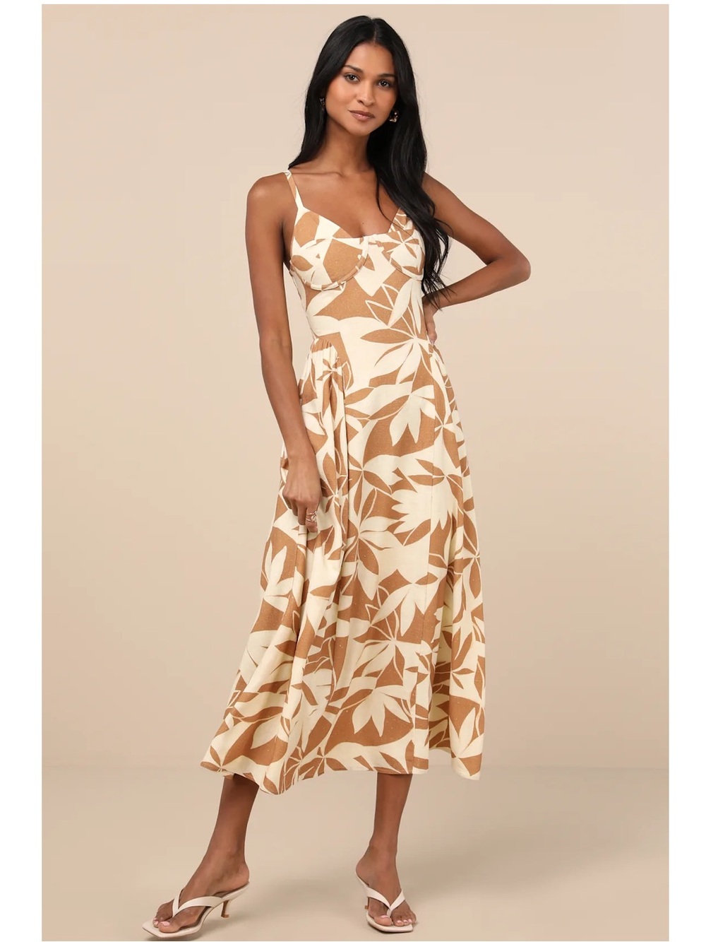 Lulus Veris Cream & Tan Floral Bustier Rayon/Linen Blend Midi Dress Tropical Sm